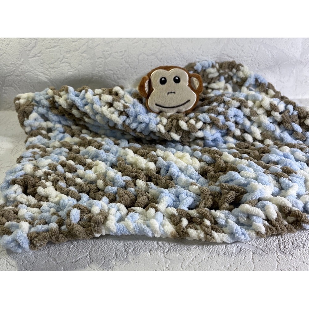 Baby Lovey Chenille Crocteched Blanket 15 X 15 Super Soft Brown Blue Monkey